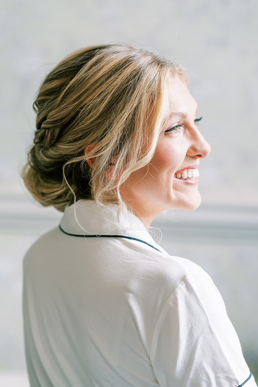 low bun wedding hairstyle and natural makeup by Pam Wrigley Bridal