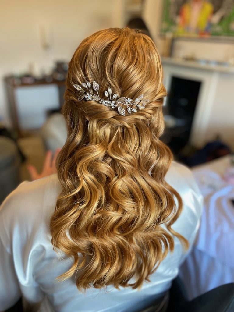 wedding makeup and bridal hairstyles half up style beachy waves by Pam Wrigley bridal hair accessories