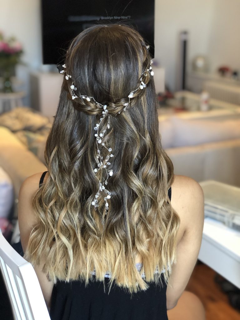 wedding makeup and bridal hairstyles half up style beachy waves by Pam Wrigley