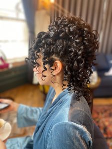 naturally curly wedding hair style and bridal makeup by Pam Wrigley
