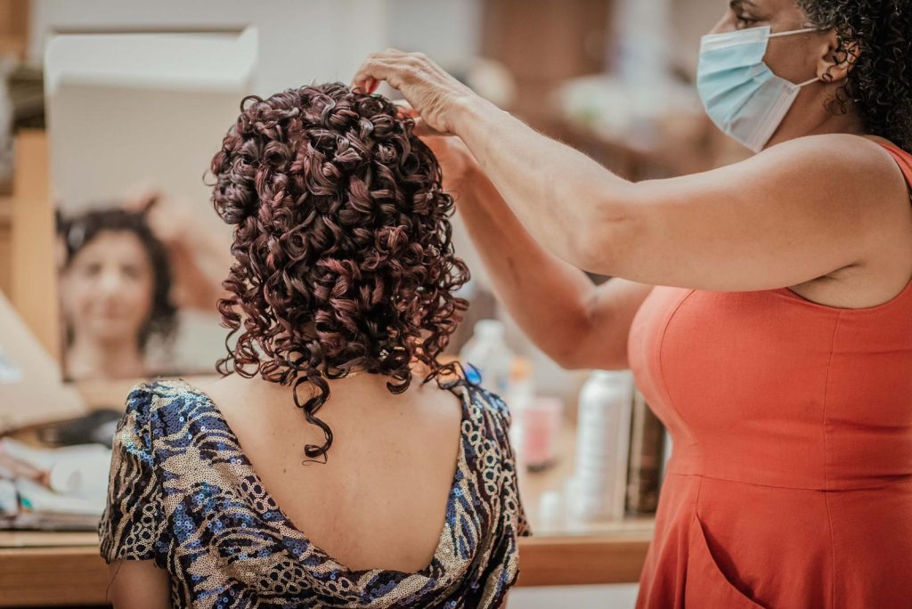 naturally curly wedding hair style and bridal makeup by Pam Wrigley