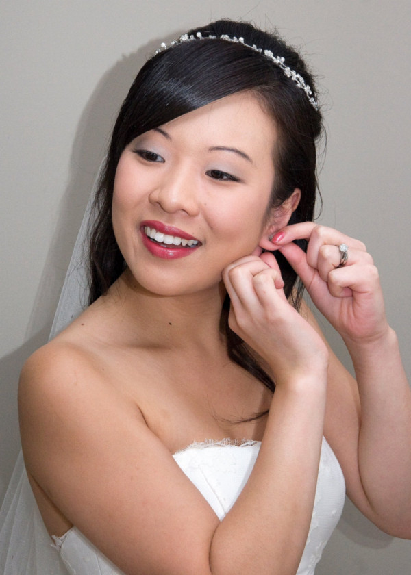 Wedding day hair down hairstyle and natural, natural wedding makeup for a Chinese, Asian bride. By Pam Wrigley wedding makeup artist and bridal hair stylist.