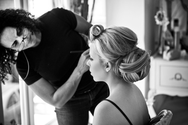 BUNS – LOW, HIGH, TO THE SID Smokey makeup and low bun hair style for short hair with extensions for a bride. Created by Pam Wrigley bridal hairstylist and wedding makeup artist, London.