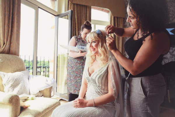 bridal hairstyle flowers bridesmaid bridal hairstylist beautiful bride natural makeup by Pam Wrigley bridal hairstyle hair down style richmond