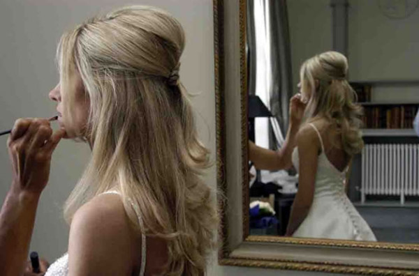 Wedding natural makeup and bridal hair in a half up hairstyle for a bride. By Pam Wrigley wedding makeup artist and bridal hair stylist, London.