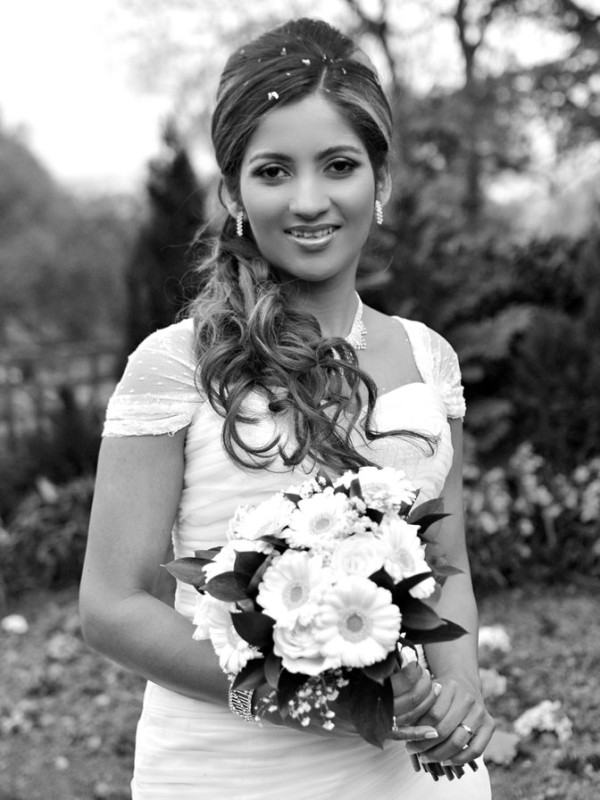 Wedding natural makeup and bridal hair in a half up hairstyle for a bride with extensions. By Pam Wrigley wedding makeup artist and bridal hair stylist, London.