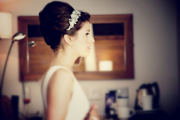 Wedding vintage makeup and bridal hair in a soft high bun hairstyle. By Pam Wrigley wedding makeup artist and bridal hair stylist, London.
