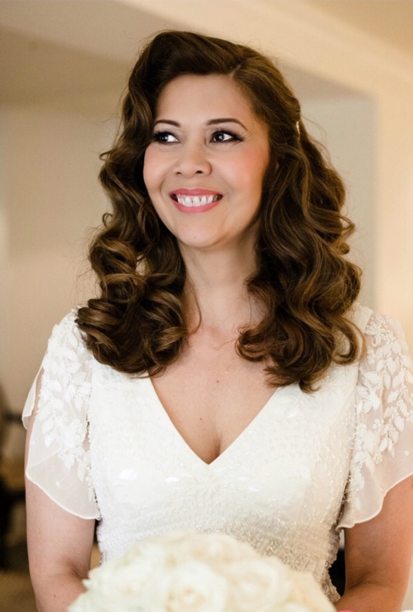 bridesmaid beautiful mature bride wedding natural makeup by Pam Wrigley bridal hairstyle hair style waves