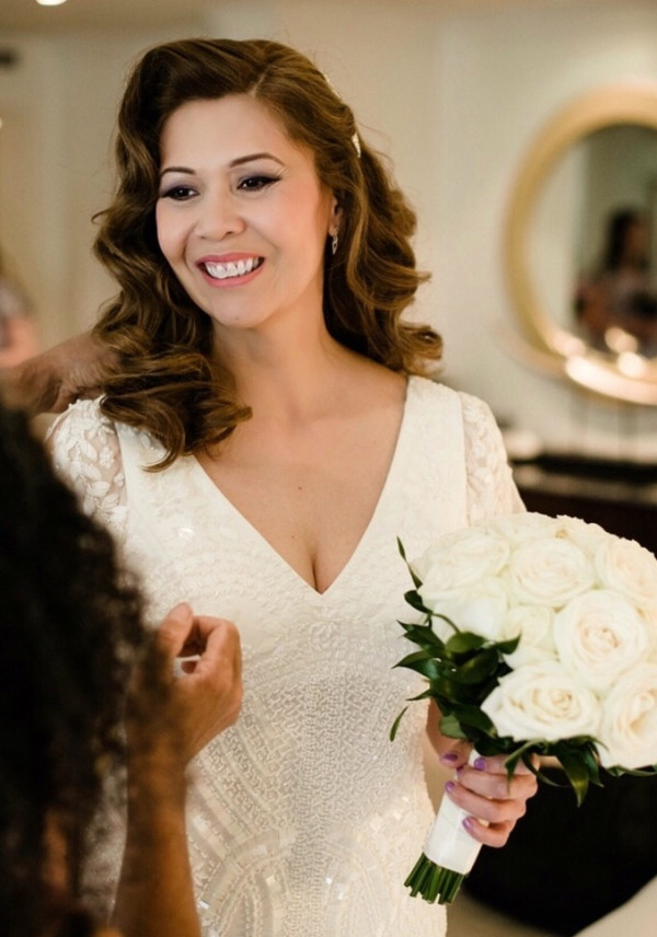 bridal hairstyle beautiful mature bride wedding natural makeup by Pam Wrigley bridal hairstyle hair down style waves curls