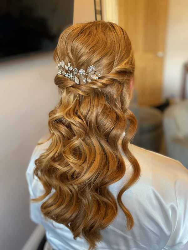 wedding makeup and bridal hairstyles half up style beachy waves by Pam Wrigley