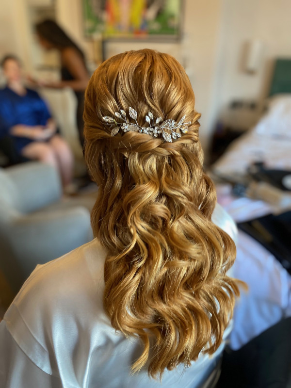 wedding makeup and bridal hairstyles half up style beachy waves by Pam Wrigley