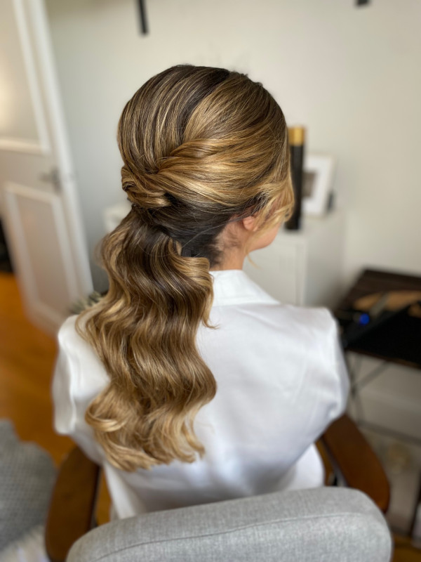 wedding makeup and bridal hairstyles pony tails style Hollywood waves by Pam Wrigley