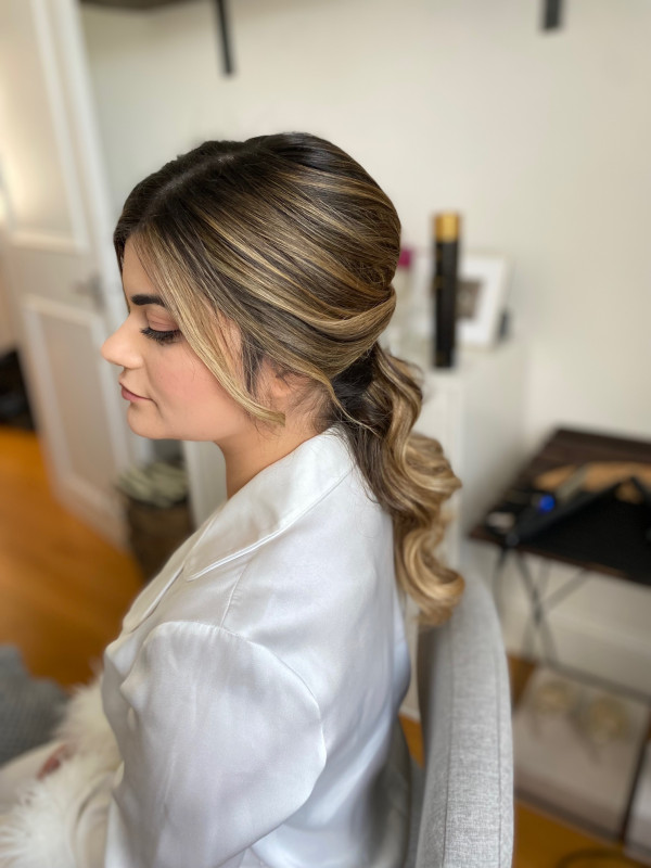 wedding makeup and bridal hairstyles pony tails style Hollywood waves by Pam Wrigley