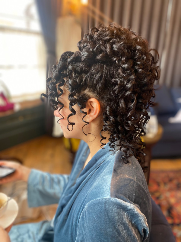 naturally curly wedding hair style and bridal makeup by Pam Wrigley
