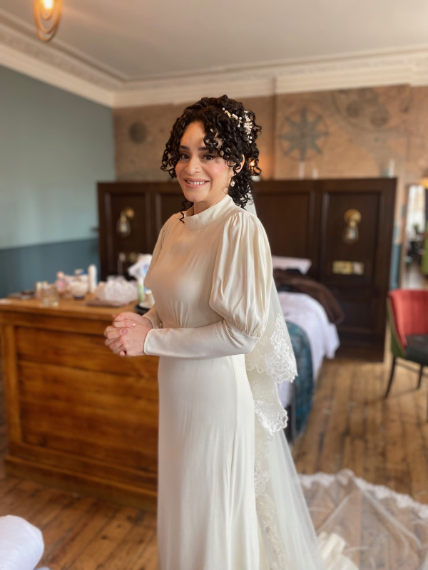 naturally curly wedding hair style and bridal makeup by Pam Wrigley