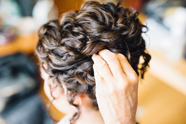 bridal hair style and wedding hairstyle for naturally curly hair and wedding makeup by Pam Wrigley