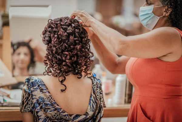 naturally curly wedding hair style and bridal makeup by Pam Wrigley