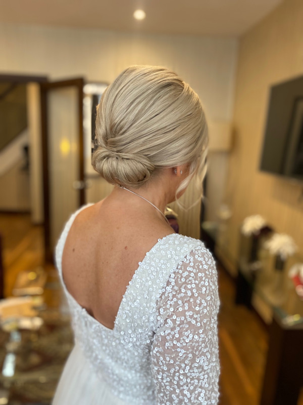 wedding and bridal hairstyles low bun for short hair by Pam Wrigley