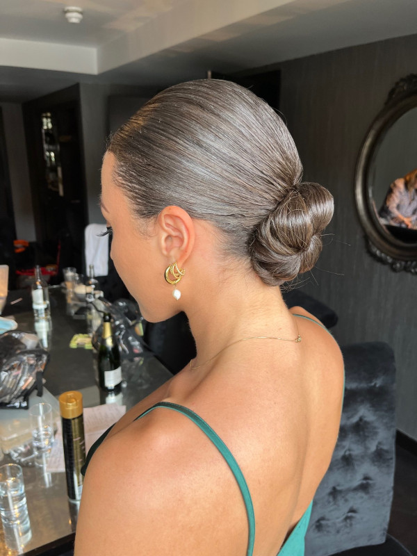 bridesmaid wedding and bridal hairstyles smooth sleek bun by Pam Wrigley