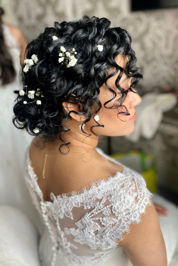 wedding makeup artist in West London and fresh flowers babies breath gypsophila wedding hairstyle at the Petersham Hotel